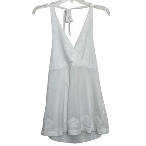 Y2K Mudd White Halter Babydoll Tank Top Tie Back Embroidered Floral Size Large